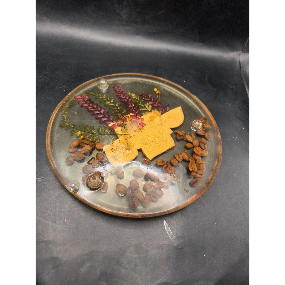 Vintage Glowing Lucite Trivet Hot Plate With Dried Botanicals